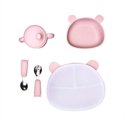 Set Makan Bayi Silikon Bentuk Beruang 6 Pcs BPA Free Suction Bowl Dengan Tutup