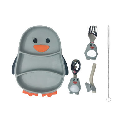 OEM Silicone Baby Feeding Set Bentuk Penguin Food Grade Dengan Sendok