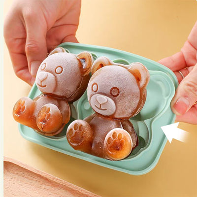 MHC Bpa Free Ice Cube Tray Dengan Tutup Dan Bin Besar Mudah Pelepasan 3D Bear Shape Silicone Ice Cube Tray