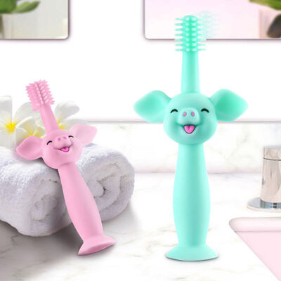 Food Grade Silicone Baby Toothbrush Cartoon Pig Baby Teether Toy Soft Hair Oral Care Training Suction Base
